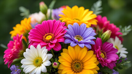The image shows a vibrant bouquet of colorful flowers in a vase on a table
