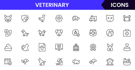 Veterinary vector web line icon collection, clean illustrations of pet care, medical tools, and animal health for compassionate designs.