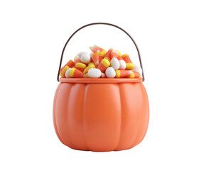 Naklejka premium A pumpkin bucket overflowing with colorful candy corn and Halloween treats.