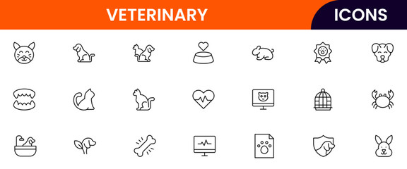 Veterinary vector web line icon collection, clean illustrations of pet care, medical tools, and animal health for compassionate designs.