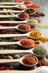 Many different spices in spoons on grey table, closeup
