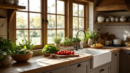 The image shows a kitchen with a farmhouse sink and a window in the background. On the countertop