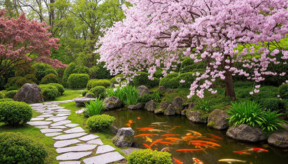 The image shows a tranquil Japanese garden with koi fish swimming in a pond surrounded by lush green grass