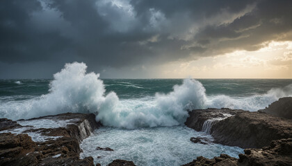 The image shows a stormy sky over the ocean with waves crashing on the rocks. The sky is filled with dark