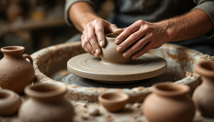The image shows a potter skillfully crafting a vase on a pottery wheel