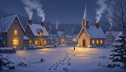 The image shows a small town in the middle of a snowy field at night. The ground is covered in a blanket of snow and there are footprints in the snow. The houses have windows and doors