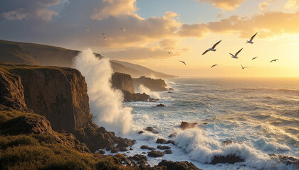 The image shows seagulls flying over the ocean at sunset