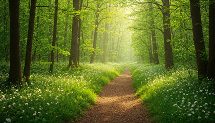 The image shows a path winding through a lush green forest
