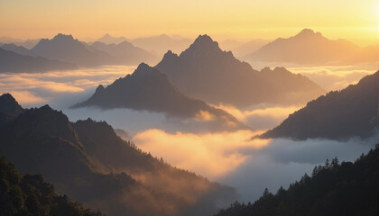 The image shows a breathtaking view of the mountains from the top of a mountain at sunrise