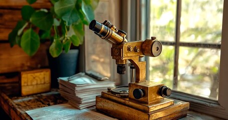 A vintage brass microscope sits on a wooden table near a window, surrounded by books and a plant.