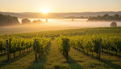 The image shows a vineyard at sunrise with the sun setting in the background