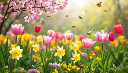 The image shows a field of vibrant spring flowers with a variety of colors