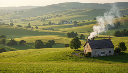 The image shows a house in the middle of a green field with smoke coming out of it