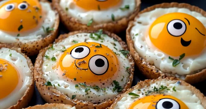 Close-up macro shot of smiling fried eggs, a fun and creative breakfast idea.