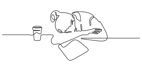Continuous one line drawing of young sleepy female worker fall a sleep on laptop while he was working on his desk. Vector illustration