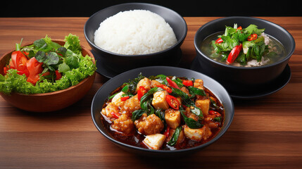 A delightful Thai meal featu tofu stir fry, jasmine rice, and spicy soup, beautifully presented on a dark wooden table, inviting a culinary adventure.
