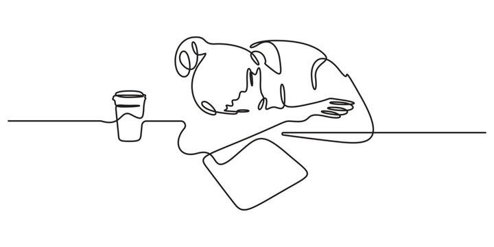 Continuous one line drawing of young sleepy female worker fall a sleep on laptop while he was working on his desk. Vector illustration