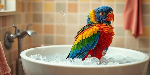 A vibrant bird enjoys a bubbly bath, showcasing its colorful plumage in a cheerful, cozy bathroom,  whimsical,  funny
