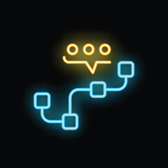 Neon sign showing a speech bubble connecting with blocks, illustrating communication and connection