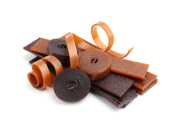 Different delicious fruit leather on white background