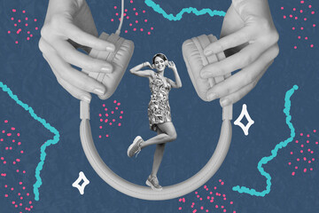 Full 3d art pop image collage of happy girl guy dance inside headphones volume music entertainment...
