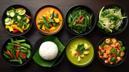 A vibrant assortment of Thai dishes including curry, vegetables, and rice are beautifully arranged on a dark wooden table, showcasing the rich flavors of Thailand.