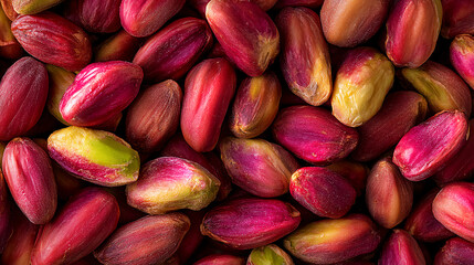 Close-up of shelled pistachio nuts with vibrant red and green hues, highlighting their smooth texture and natural variation.