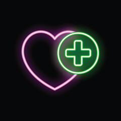 Obraz premium Glowing neon heart shape with green medical cross, representing healthcare and wellbeing