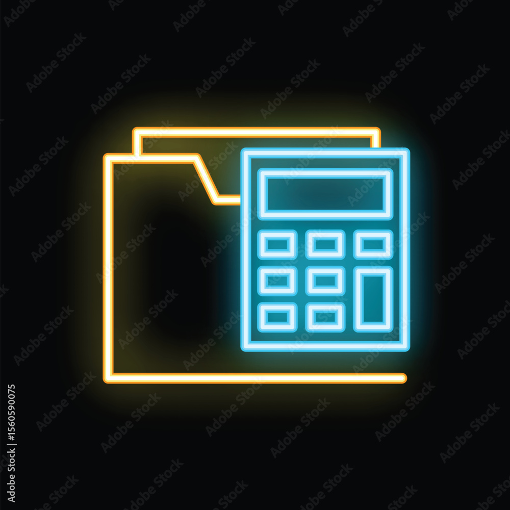 Poster neon glowing icon of a calculator overlapping a folder on a black background, representing accountin