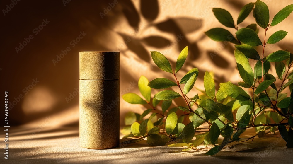 Poster rustic cylinder container with leaf, showcasing earthy tones and natural textures on a tabletop