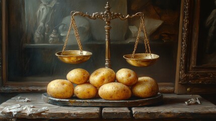 A painting of a scale with a bowl of potatoes on each side