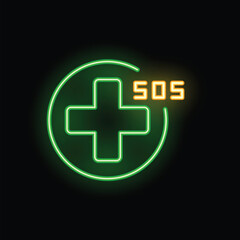 Green neon sign showing a medical cross symbol with an sos emergency signal