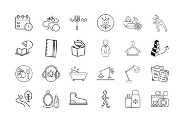 Fototapeta premium Lifestyle Icon Set – Healthy Living, Wellness, Daily Routine, Self-Care, Nutrition, Fitness, and Productivity Symbols