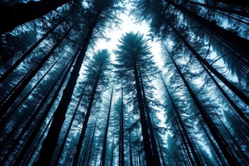 Tall dark trees reach towards a bright hazy sky viewed from below in a forest setting