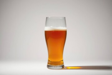 Tall glass of golden beer topped with foam casting a warm shadow on a neutral background