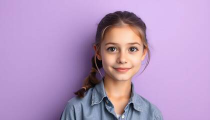 Portrait of lovely young girl look empty space wear shirt isolated on purple color background, flat papercut style. White tone