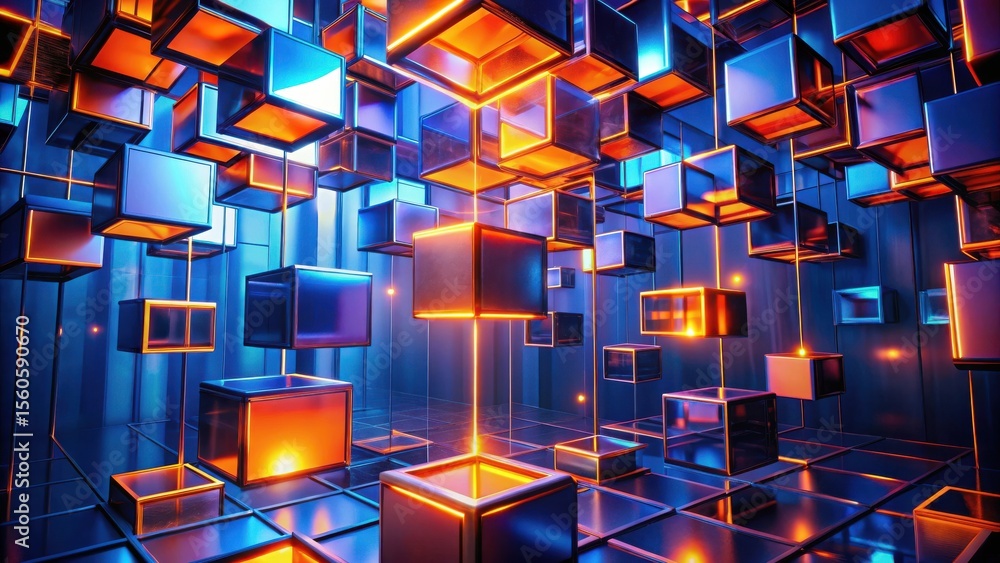 Poster abstract composition of glowing cubes suspended in a dark room with reflective surfaces and vibrant 