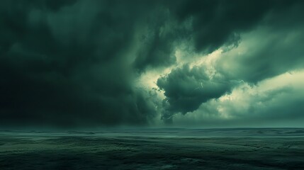 Obraz premium Dark storm clouds gather over a flat landscape.