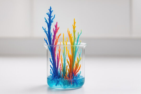 Crystal Garden in a Beaker: A vibrant collection of crystalline structures rises gracefully from a beaker, showcasing a mesmerizing fusion of science and art.