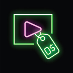 Neon sign representing a green price tag hanging on a video player icon, suggesting paid video streaming services