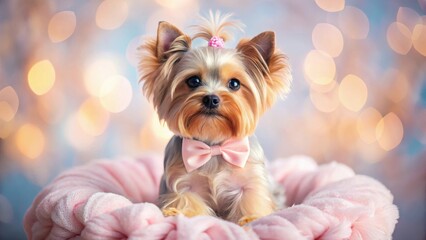 A charming Yorkshire Terrier, adorned with a pink bow tie and hair accessory, sits serenely on a soft pink plush bed against a dreamy bokeh background.