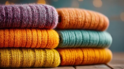 Colorful knit sweaters stacked in cozy arrangement ready for fall and winter fashion