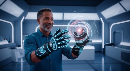 Futuristic Man Interacting with Holographic Interface Using Advanced Gloves