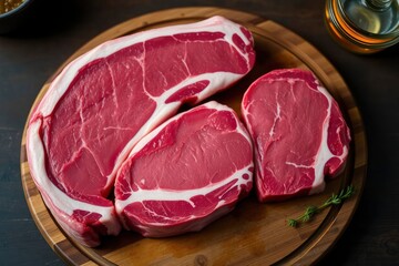 Three raw steaks sit on a wooden board viewed from above