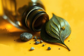 Tilted bottle green leaf w gold detail  gray rocks on mustard surface