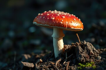 Toadstool mushroom red cap w white spots creamy stalk soil bed