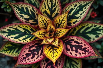 Topdown view of a plant with variegated pointed leaves in yellow green and pink patterned with spots and blotches