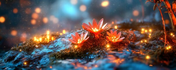 Fototapeta premium Glowing Lotus Flowers on Mossy Stone with Bokeh Lights, Fantasy , Nature