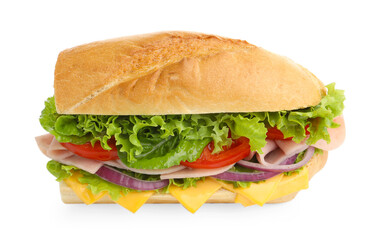 Tasty baguette sandwich with ham, cheese and vegetables isolated on white