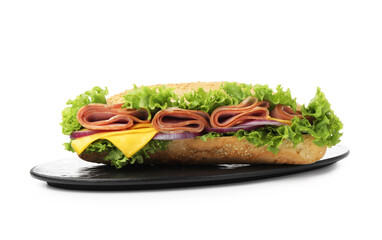 Tasty baguette sandwich with ham, cheese and vegetables isolated on white